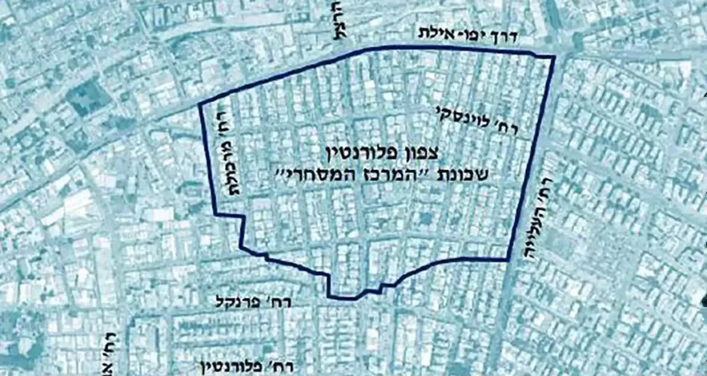 מפת פלורנטין. אזור המסחר בצפון השכונה מסומן. מתוך אתר עיריית תל-אביב